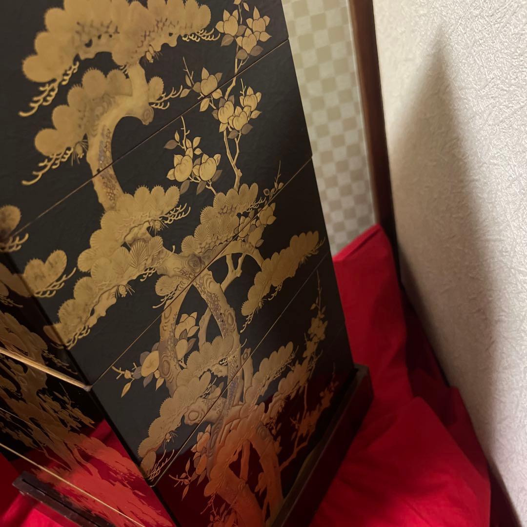 古美術　時代漆器 松蒔絵五段重箱 二枚蓋　箱付