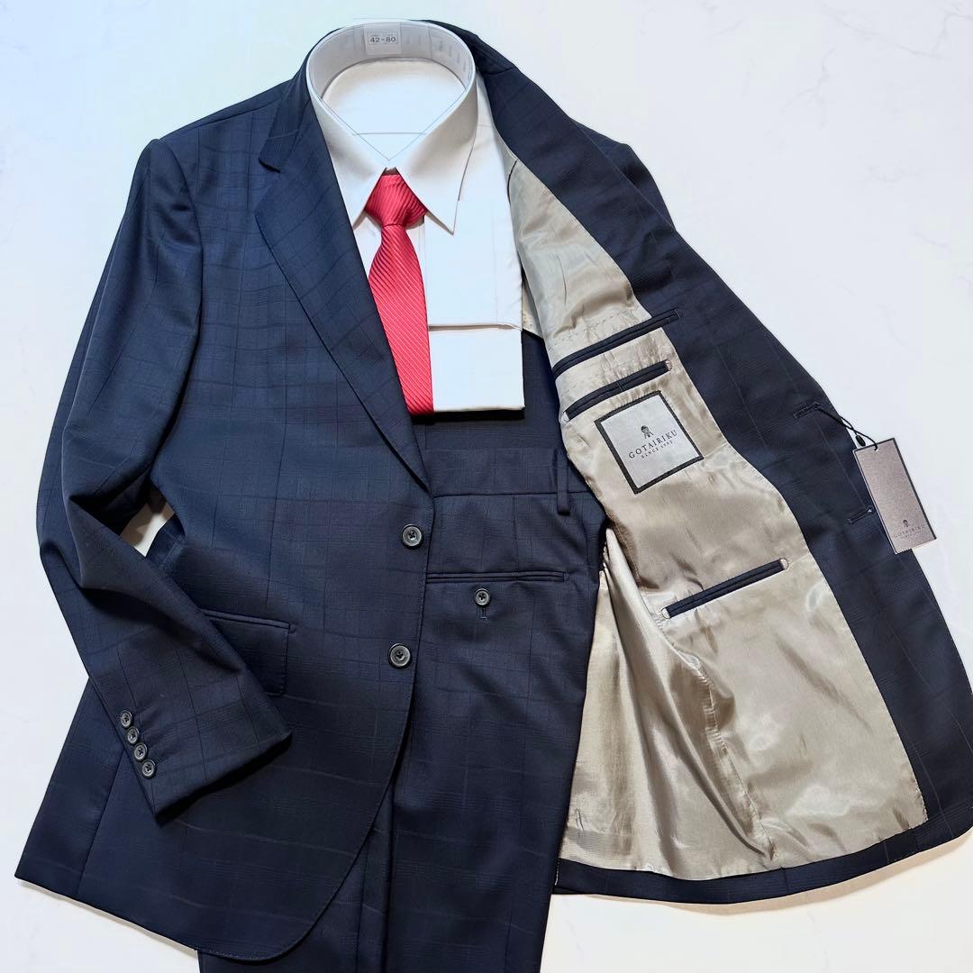 24AW タグ付き◎五大陸 スーツ 山栄毛織 ウール 紺 シャドーチェック A5