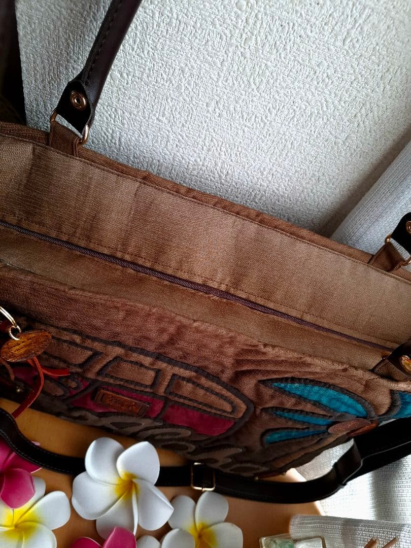 最終お値下げ　ハワイアンキルト　横長　バッグ　バス　2WAY　革タグチャーム付