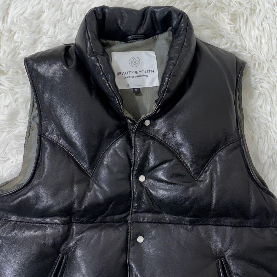 UNITED ARROWS ダウンベスト ラムレザー 羊革 ブラック 本革 S
