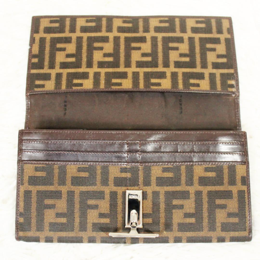 激レア 美品 フェンディ 長財布 マンマ金具 ズッカ柄 キャンバス ブラウン