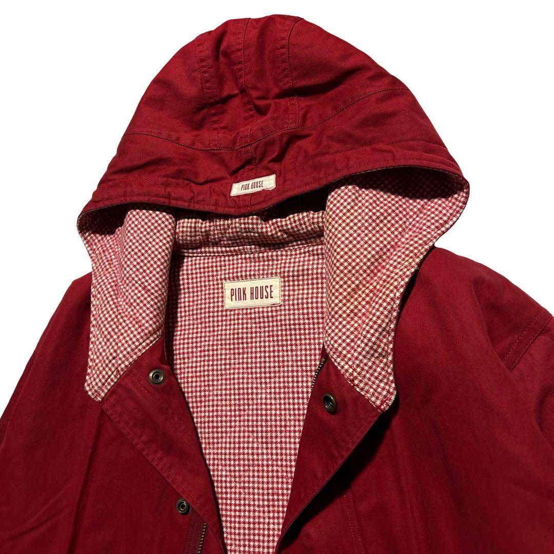 90s PINK HOUSE モッズコート ギンガムチェック ロゴ 赤 フード