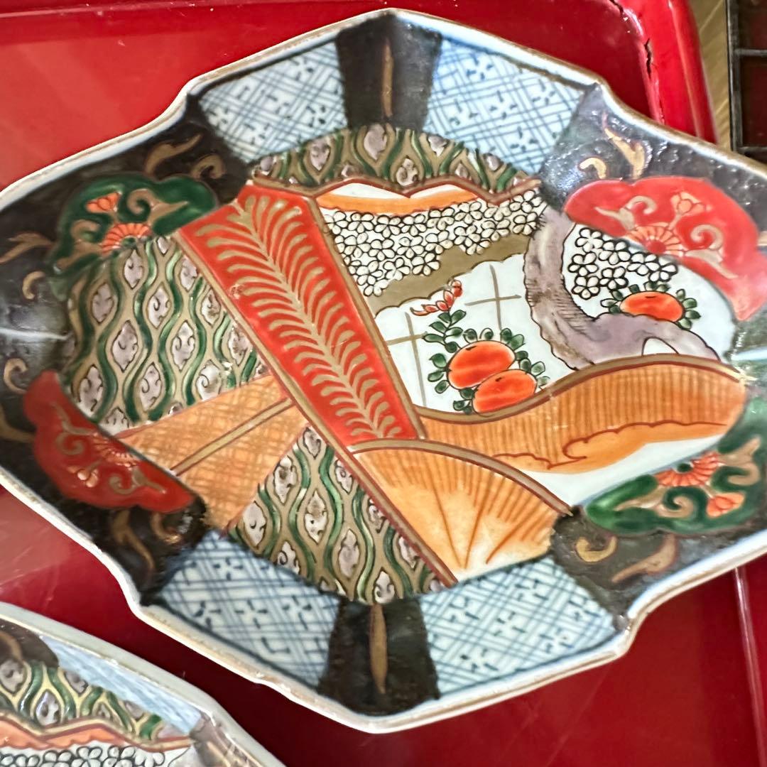 2203様感謝‼️四季にうるわし‼️伊万里錦手若松＆橙＆ふきよせ　兜菱形刺身皿5客