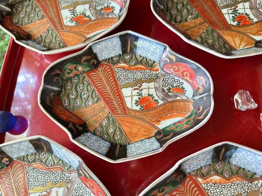 2203様感謝‼️四季にうるわし‼️伊万里錦手若松＆橙＆ふきよせ　兜菱形刺身皿5客