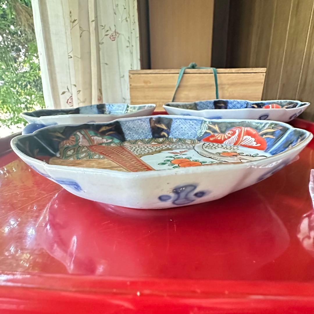 2203様感謝‼️四季にうるわし‼️伊万里錦手若松＆橙＆ふきよせ　兜菱形刺身皿5客