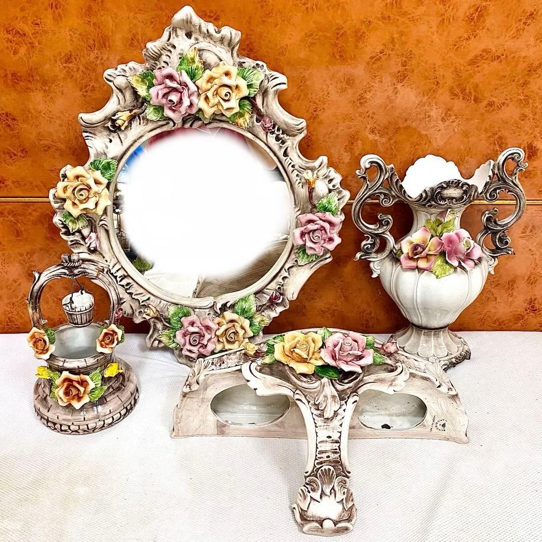 イタリア製 アンティーク ロココ調 フラワー装飾 陶器 カポディモンテ 4点