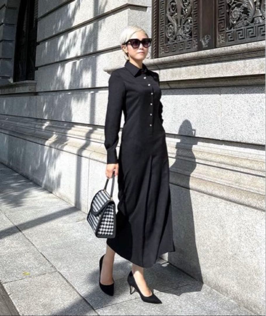 美品✨黒 ジョーゼット美ラインシャツワンピース S セレモニー入学卒業