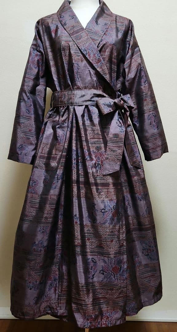 正絹大島紬リメイクヘチマ襟カシュクールウエストボタンワンピース