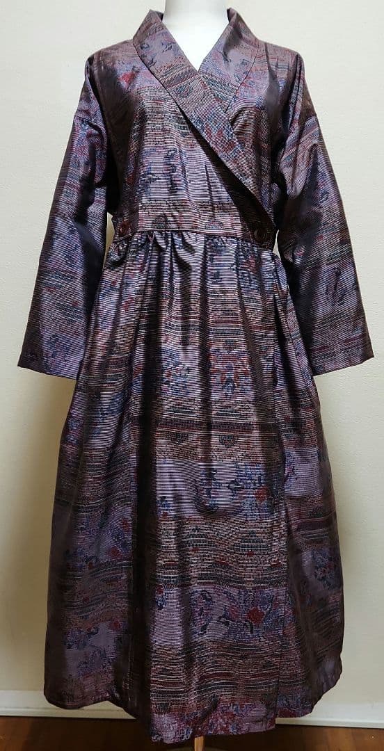 正絹大島紬リメイクヘチマ襟カシュクールウエストボタンワンピース