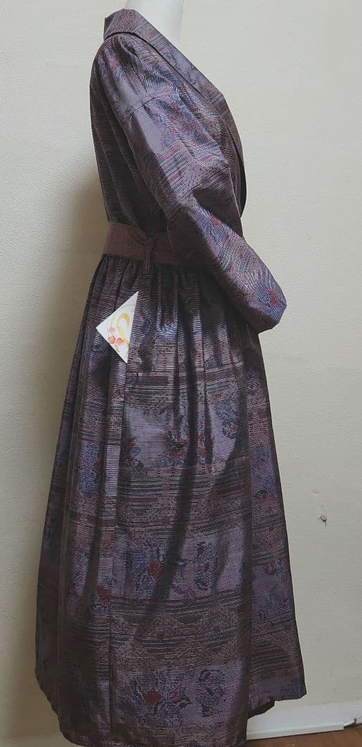 正絹大島紬リメイクヘチマ襟カシュクールウエストボタンワンピース