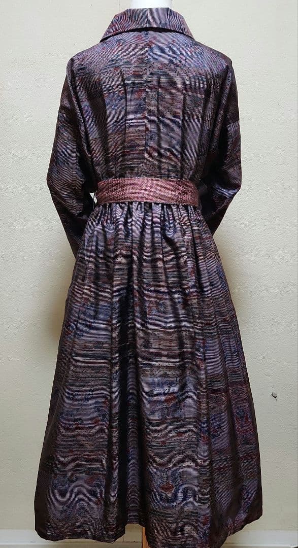 正絹大島紬リメイクヘチマ襟カシュクールウエストボタンワンピース