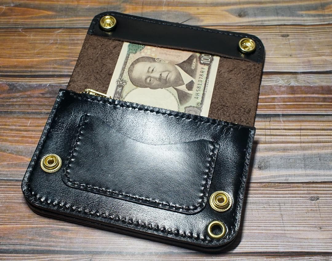 ミドルトラッカーウォレット 三層　馬革 茶芯ブラック　真鍮 トラッカーウォレット