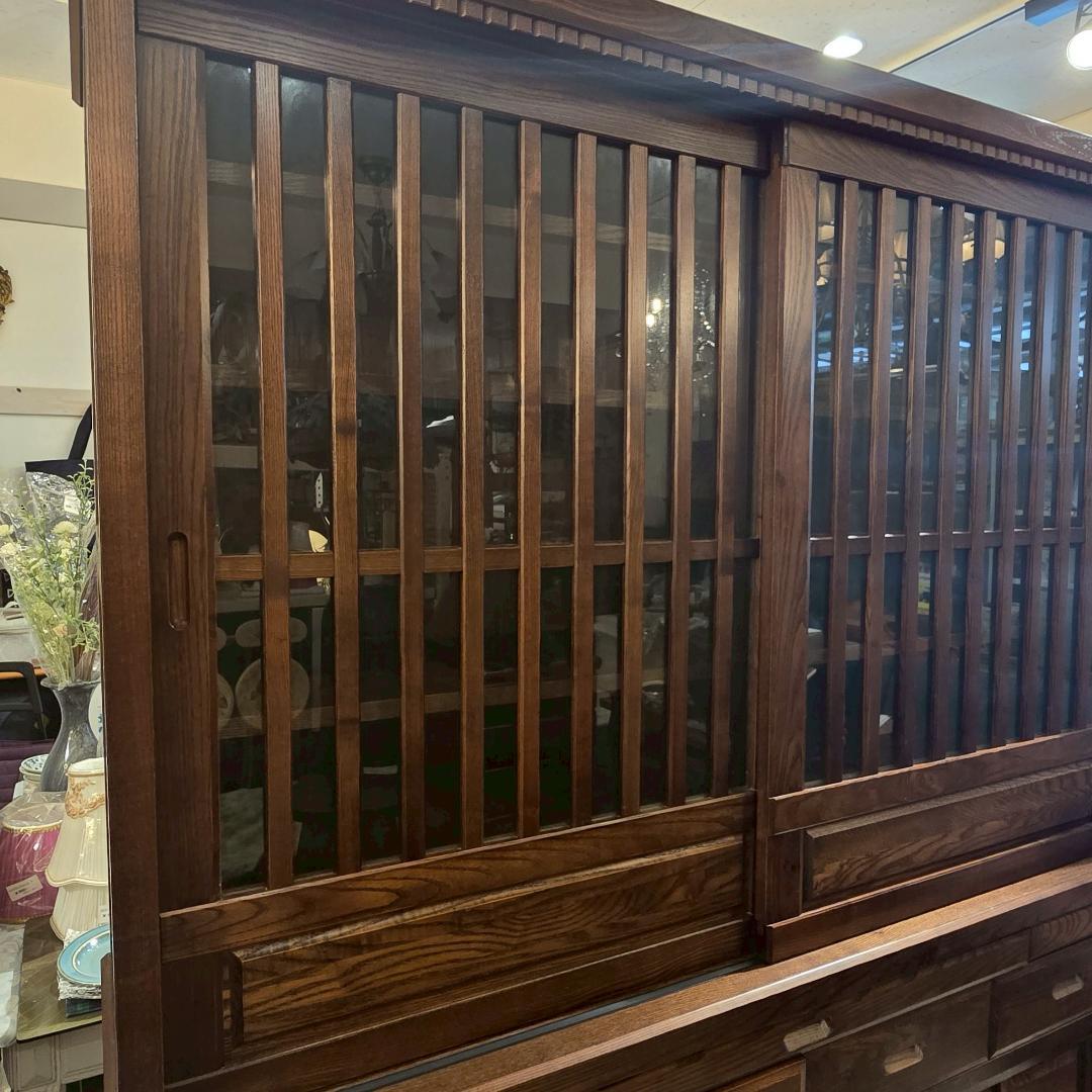 【高級】 無垢材 食器棚 引き戸 幅148㎝ カップボード 収納棚 和風 民芸