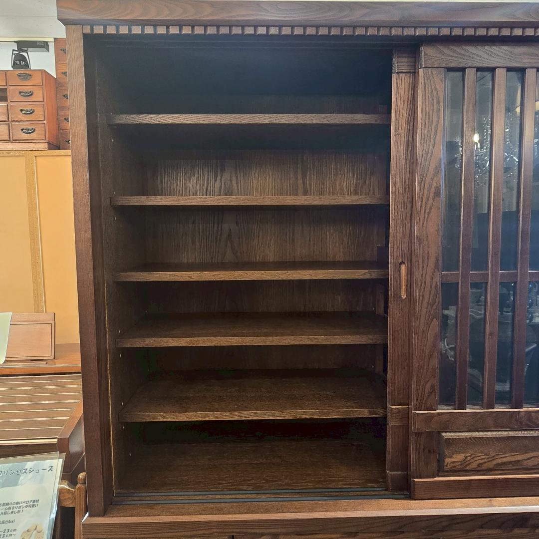 【高級】 無垢材 食器棚 引き戸 幅148㎝ カップボード 収納棚 和風 民芸