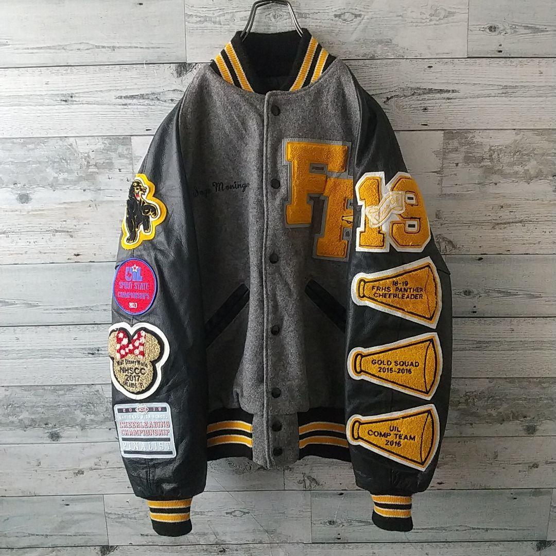 刺繍パイルワッペン 袖レザー 切替 ラインストーン ウール カレッジ スタジャン