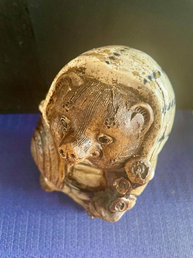 【信楽焼】陶器製タヌキ像 杖付き 招福開運 H28㎝ 現品中古