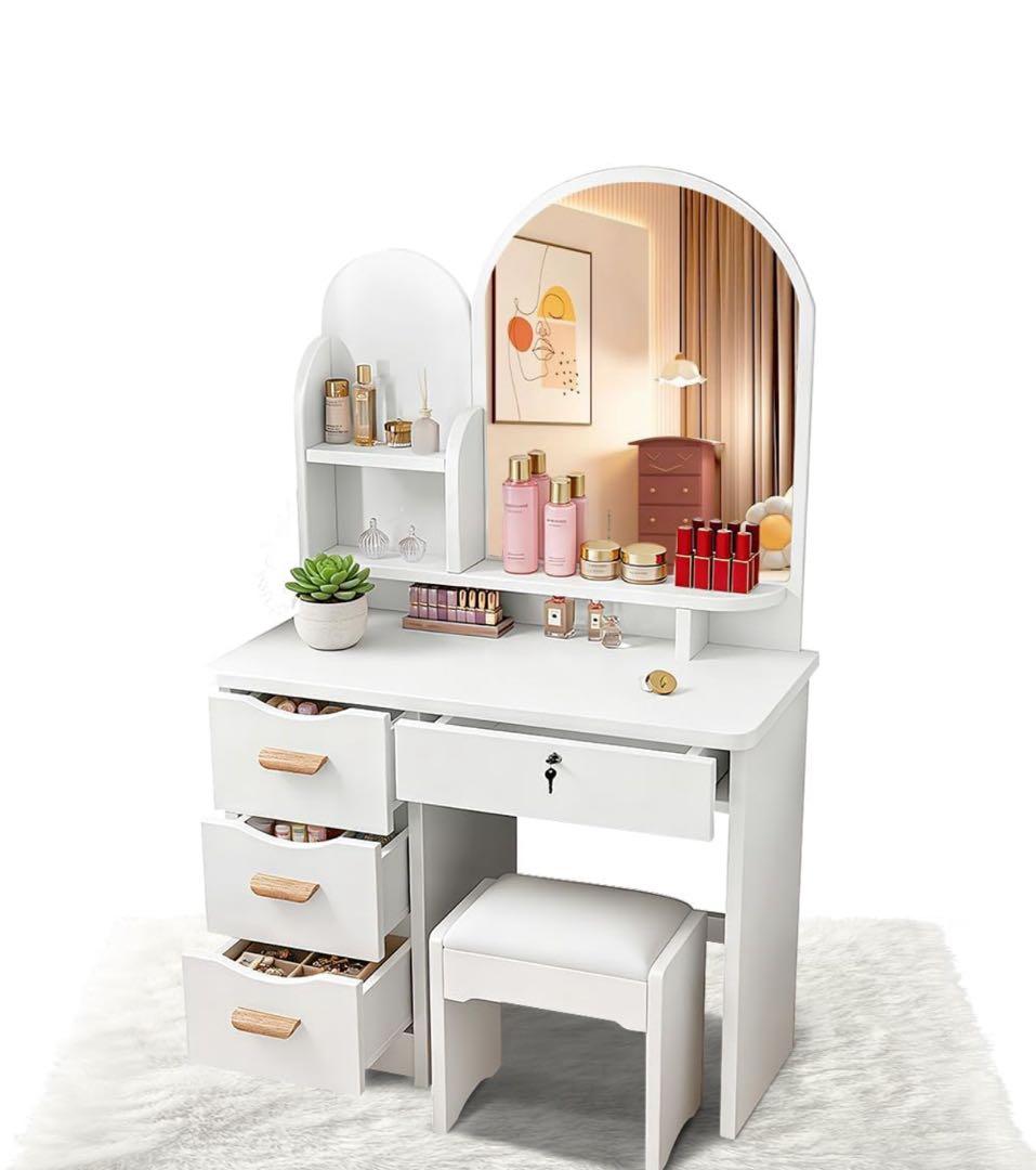 ドレッサー 女優ミラー 鍵付き 幅80cm 鏡台 収納沢山 姫系 スツール付き