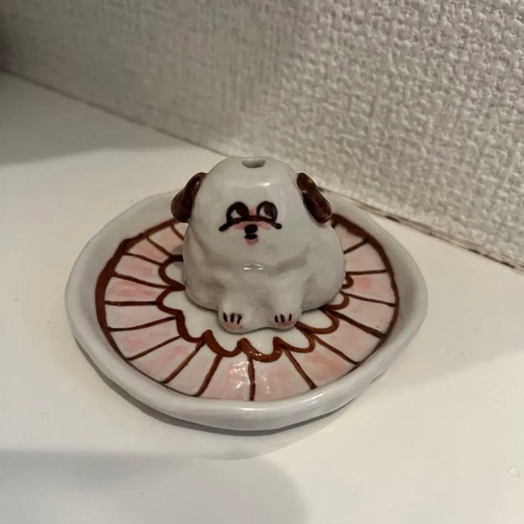 犬の一輪挿しと花模様皿付きセット　※一点物