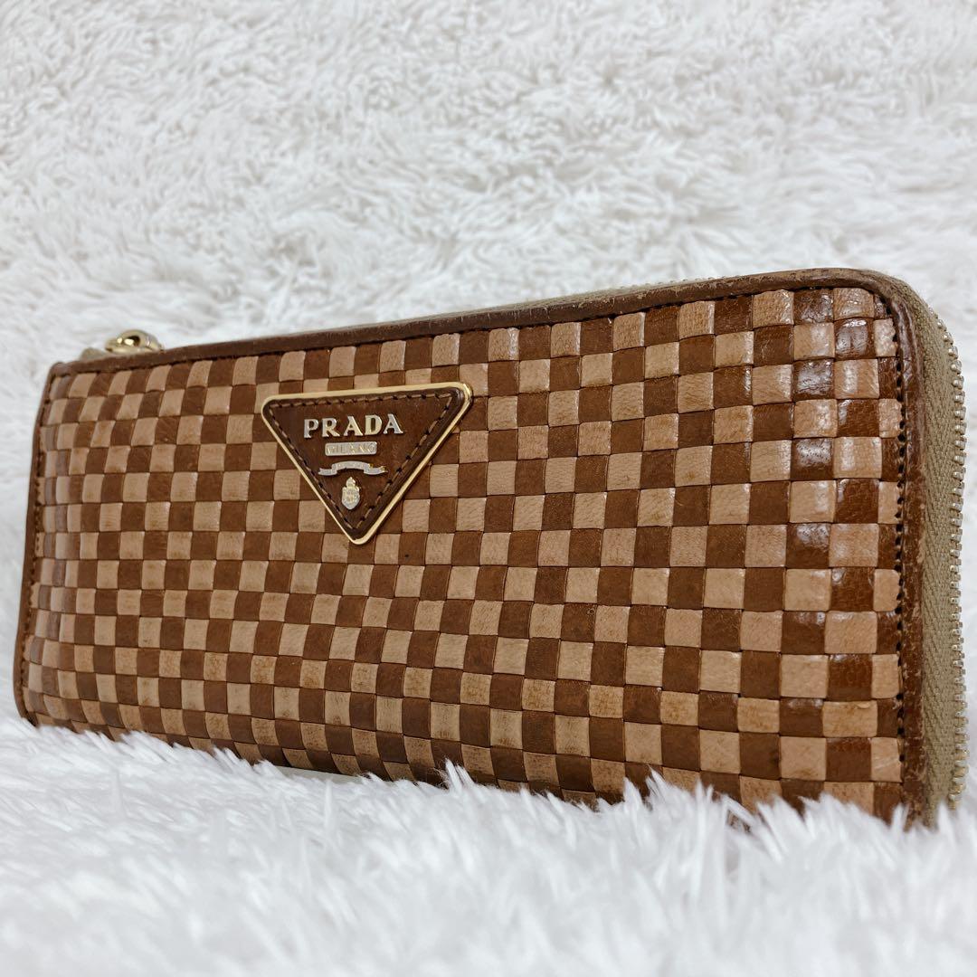 おやじ プラダ 編み込み イントレチャート レザー L字ファスナー