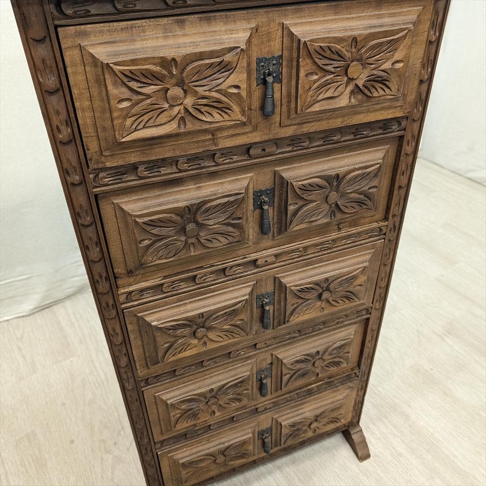 スペイン製　無垢　5段　サイドチェスト　タンス　箪笥　たんす　チェスト　ドロワー