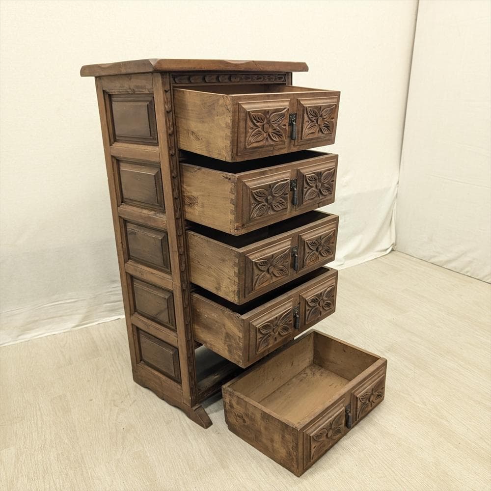 スペイン製　無垢　5段　サイドチェスト　タンス　箪笥　たんす　チェスト　ドロワー