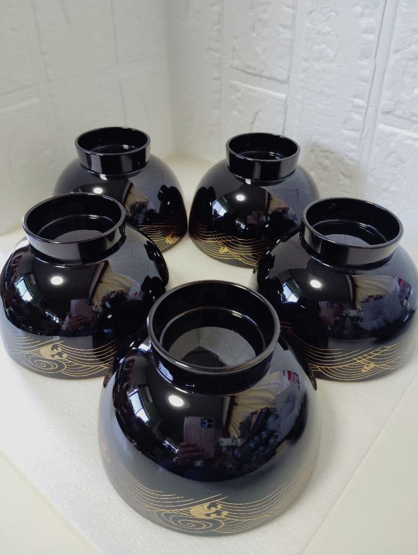 お正月　会津塗　坂本乙造　金彩蒔絵青海波　本漆仕上　蓋付お吸い物椀　雑煮椀　5客