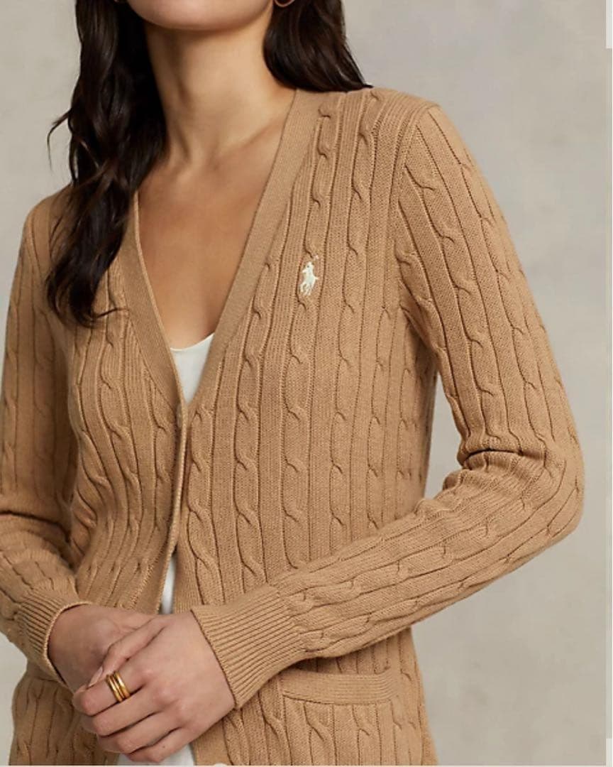 ラルフローレン ケーブルニット カーディガン ベージュ×白ポニー Lサイズ