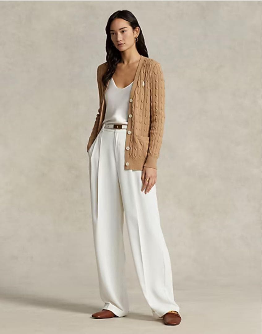 ラルフローレン ケーブルニット カーディガン ベージュ×白ポニー Lサイズ