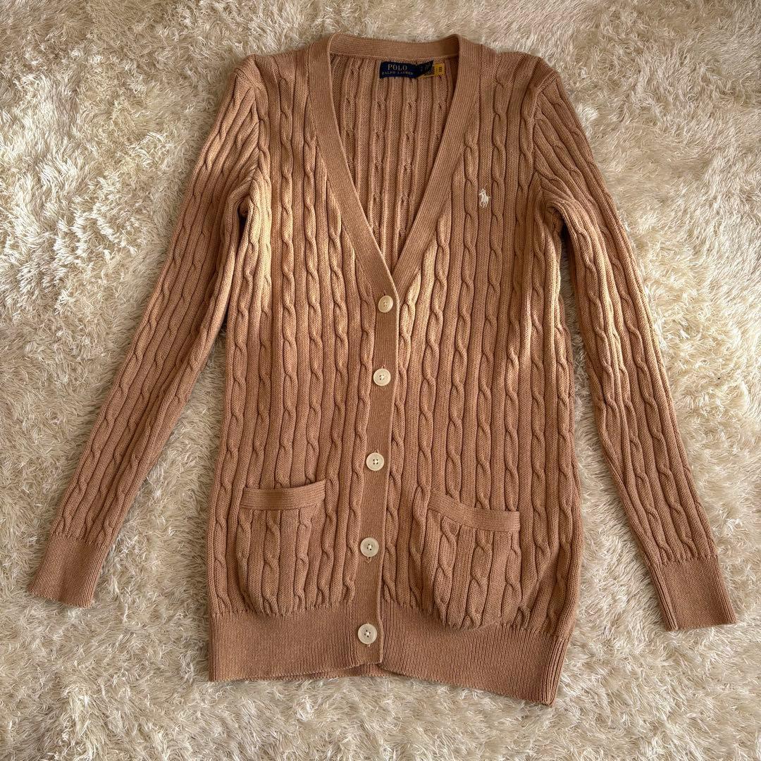 ラルフローレン ケーブルニット カーディガン ベージュ×白ポニー Lサイズ