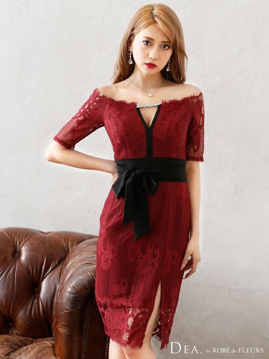 五分袖 オフショルダーウエストリボンタイトドレス ワインレッド Sサイズ