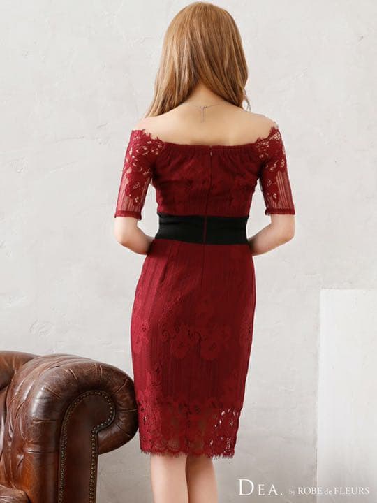 五分袖 オフショルダーウエストリボンタイトドレス ワインレッド Sサイズ