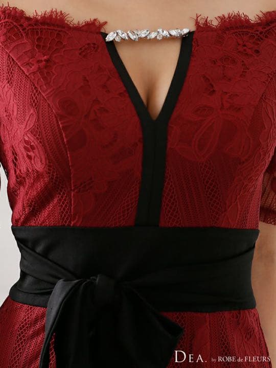 五分袖 オフショルダーウエストリボンタイトドレス ワインレッド Sサイズ