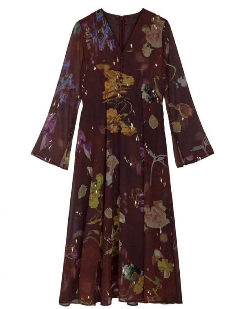 【新品】AMERI UND SCAN FLOWER DRESS　　Sブラウン