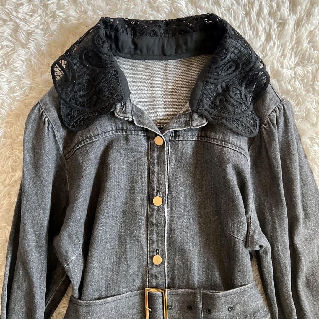 【Diagram】デニムシャツワンピース　レース襟　ベルト　前開き