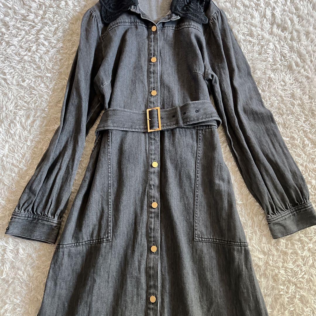【Diagram】デニムシャツワンピース　レース襟　ベルト　前開き