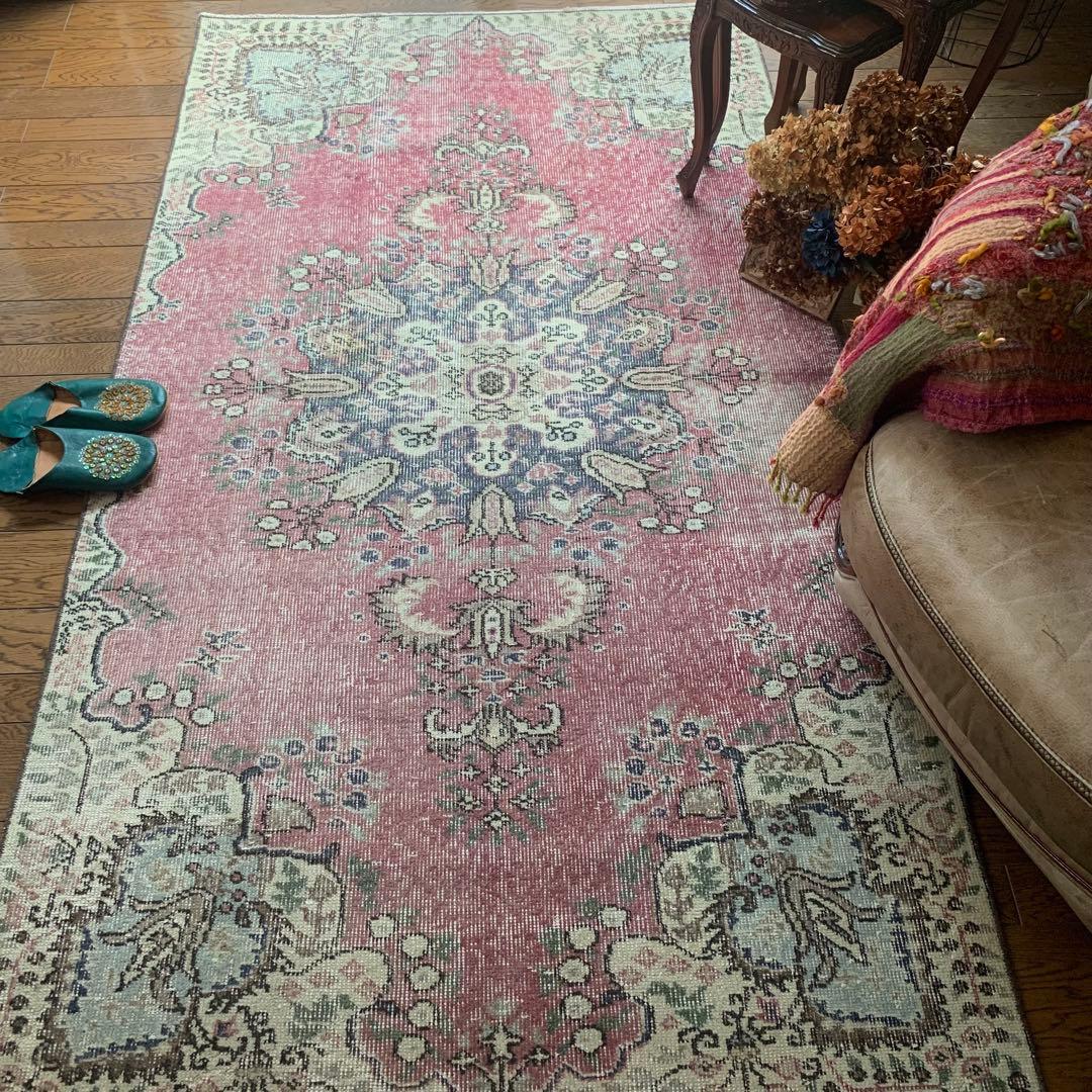 ペールピンク　トルコヴィンテージラグ　215×116 メダリオン