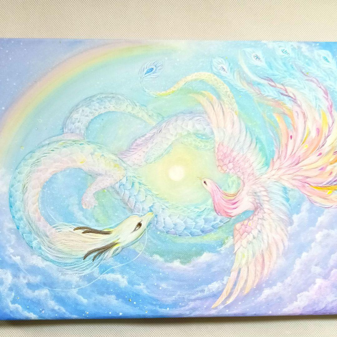 No.510　F4キャンバス　原画　 鳳凰と龍　　　アクリル画　開運絵画