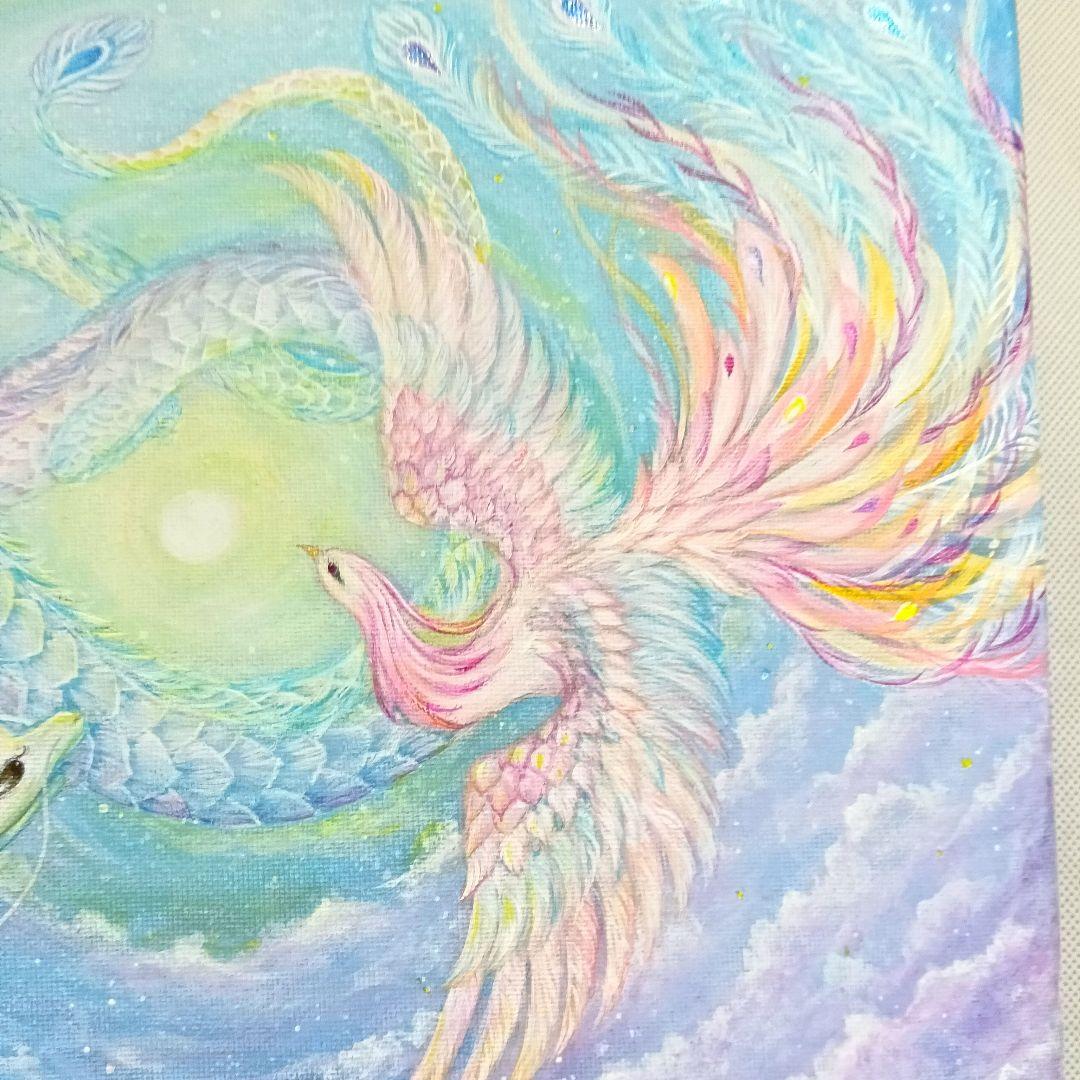 No.510　F4キャンバス　原画　 鳳凰と龍　　　アクリル画　開運絵画