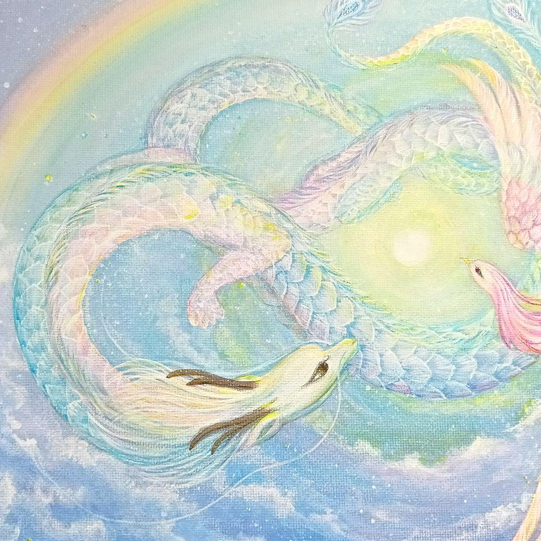 No.510　F4キャンバス　原画　 鳳凰と龍　　　アクリル画　開運絵画