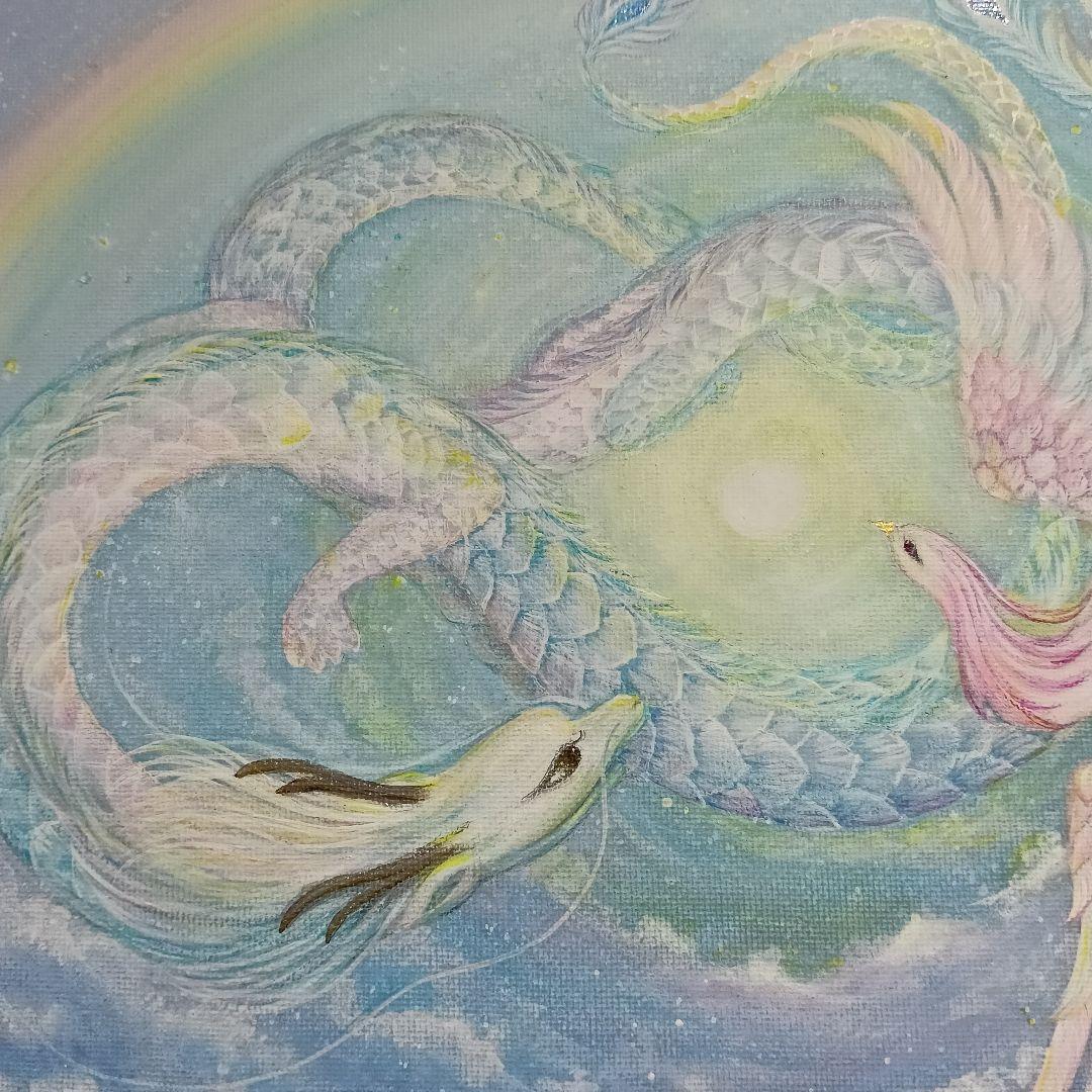 No.510　F4キャンバス　原画　 鳳凰と龍　　　アクリル画　開運絵画