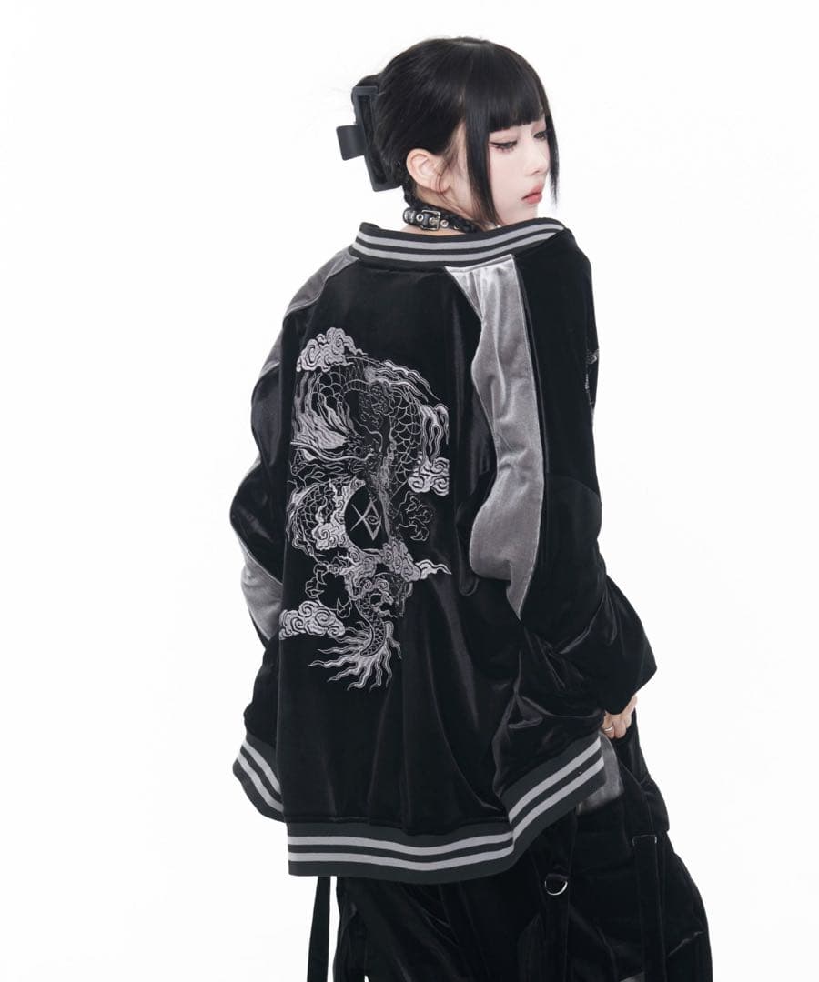 REFLEM レフレム ドラゴン 刺繍 ベロア スカジャン 黒 シルバー
