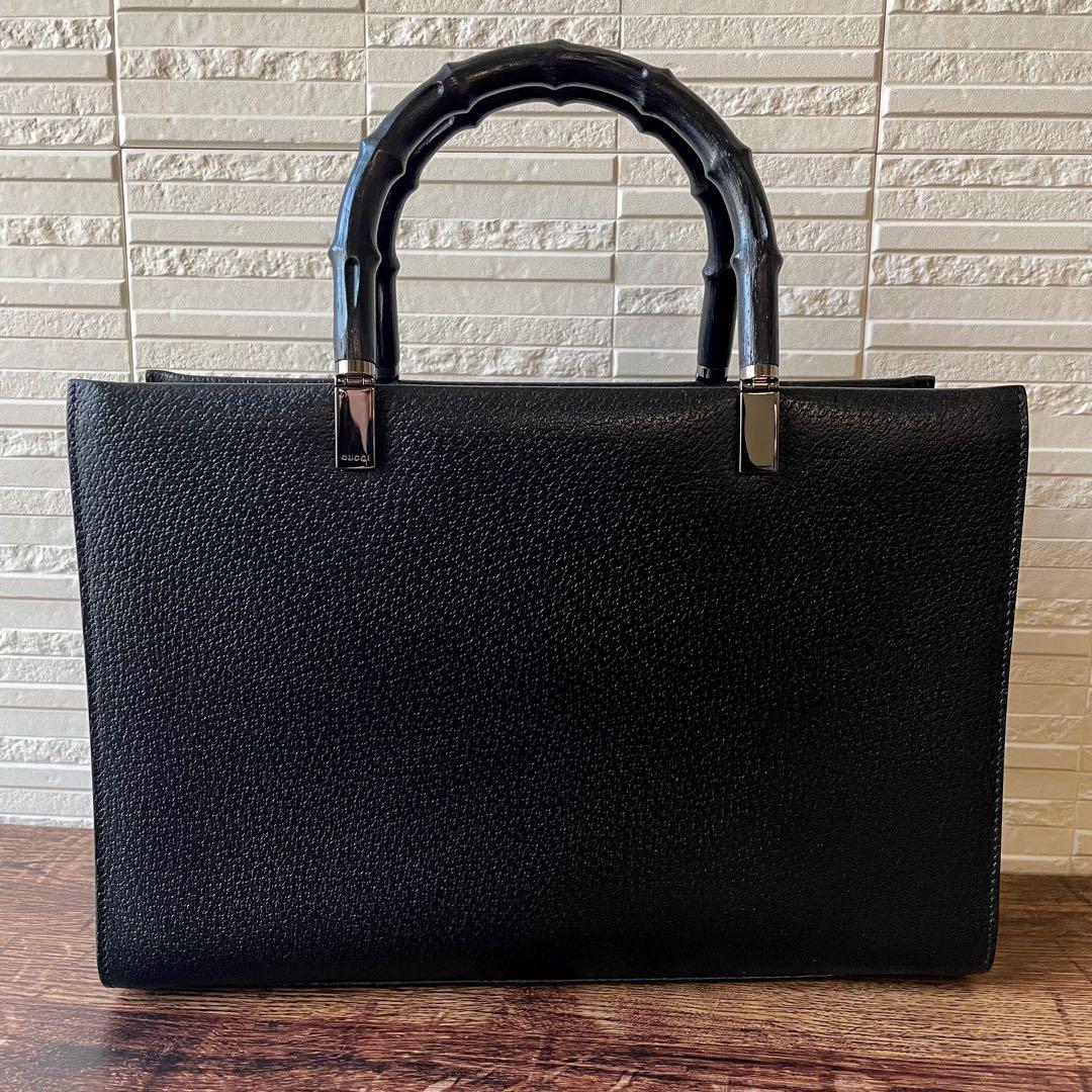 美品 グッチ バンブー レザー ハンド バッグ ビジネス シルバー 金具 黒