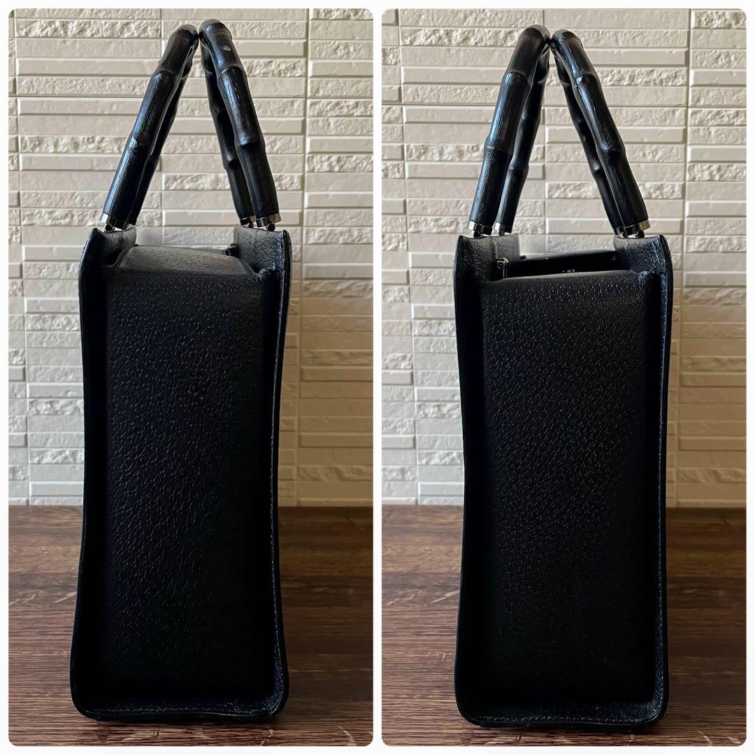 美品 グッチ バンブー レザー ハンド バッグ ビジネス シルバー 金具 黒