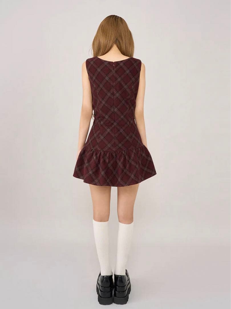 ダーリッチ タータンチェックノースリミニワンピース ボルドー