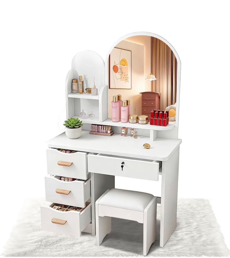 ♪新品ドレッサー 大型女優ミラー 鍵付き 幅80cm 化粧台 鏡台 スツール付き