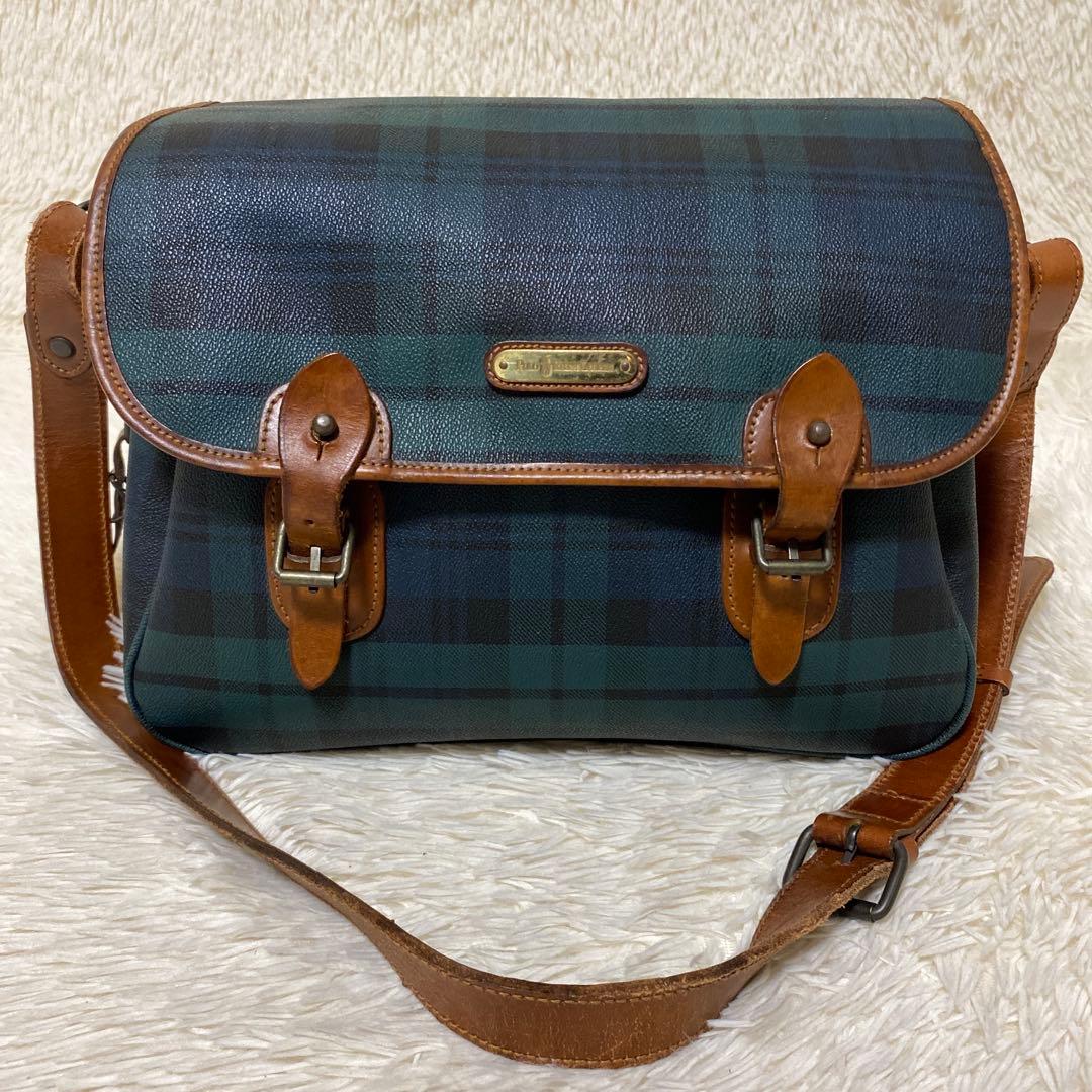 ポロ ラルフローレン メッセンジャーバッグ　グリーン　チェック　フラップ　レザー