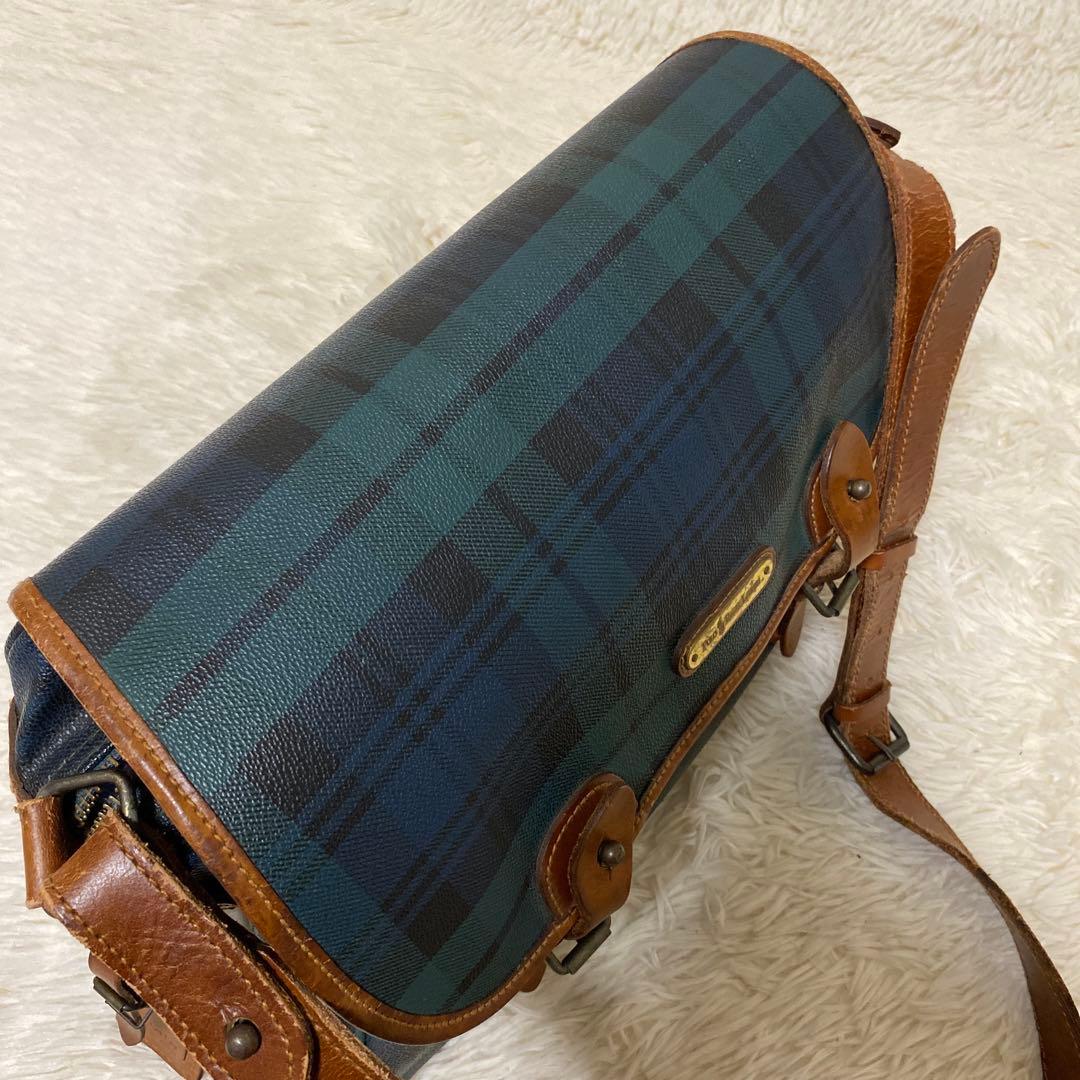 ポロ ラルフローレン メッセンジャーバッグ　グリーン　チェック　フラップ　レザー
