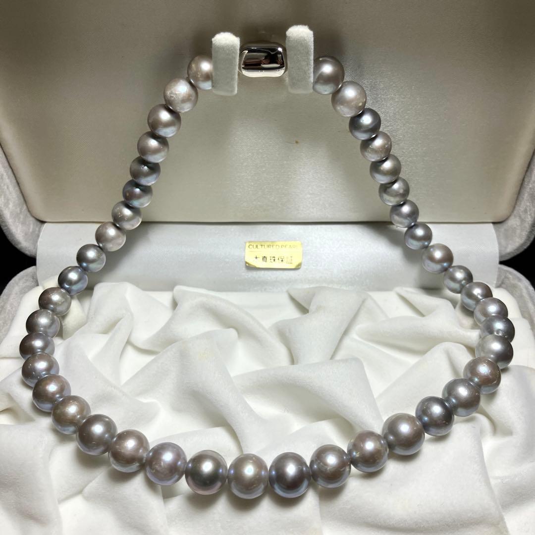 大粒✨ 本真珠 パール ネックレス ライトグレー 10.0-10.5mm 箱付き