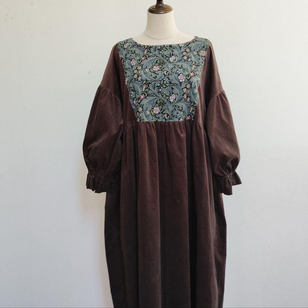 handmadeウィリアムモリス✕コーデュロイ茶ワンピース長袖free