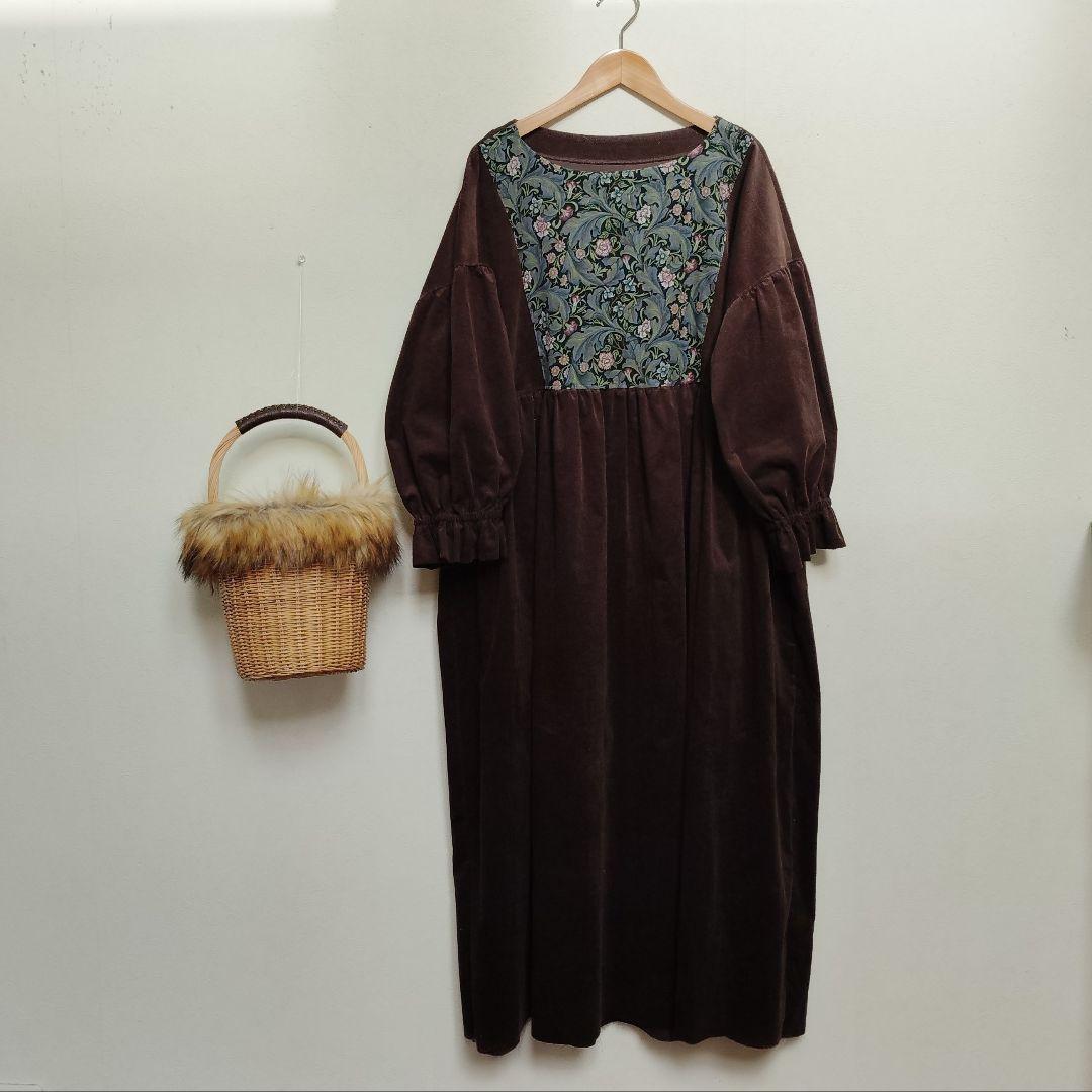 handmadeウィリアムモリス✕コーデュロイ茶ワンピース長袖free